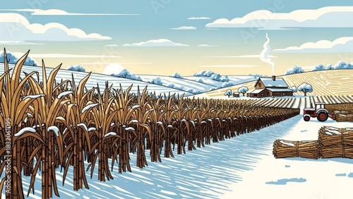 Winter farm landscape illustration showing harvested corn stalks standing in a snowy field with a distant farmhouse, tractor, and hay bales under a pale blue sky