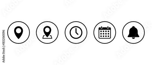 Location, map pin, time, calendar, and bell icon in circular outline. GPS pointer, place marker, clock, date, and notification symbol
