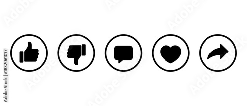 Like, dislike, comment, love, and share icon in circular outline. Thumbs up, down, chat bubble, heart and send arrow symbol