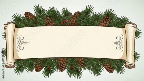 Blank parchment scroll banner framed by festive green pine branches and brown pinecone border for christmas or winter holiday greeting card design element