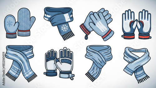 Collection of various blue winter clothing accessories including different styles of warm mittens, gloves, and knitted scarves for cold weather protection