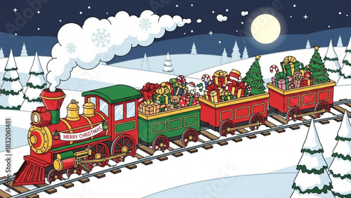 Festive cartoon illustration of a vintage steam train loaded with christmas presents and evergreen trees traveling through a snowy winter landscape at night under a full moon