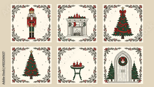 Collection of six vintage holiday illustrations featuring a nutcracker, fireplace, christmas tree, table with candle, and wreath for festive design