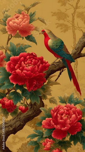 Elegant golden pheasant perched amidst vibrant peonies in a classic painting