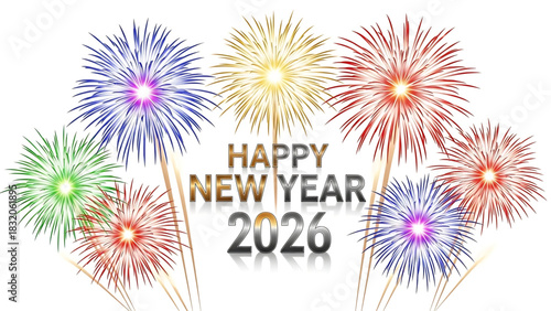 Celebratory 2026 Happy New Year with colorful firework displays on white