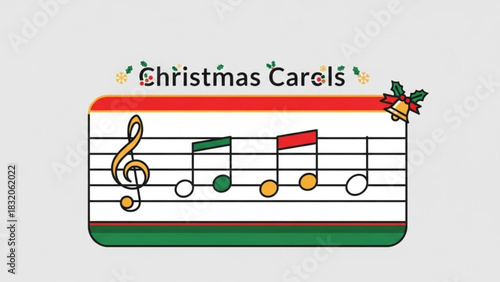 Cute cartoon illustration of a sheet music staff with colorful notes representing christmas carols, featuring a treble clef and a small jingle bell decoration