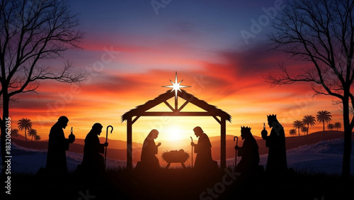 Silhouette of the nativity scene with mary, joseph, baby jesus in the manger, shepherds, and wise men under a bright star at sunset