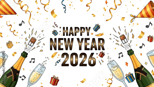 Festive Happy New Year 2026 celebration with champagne and confetti