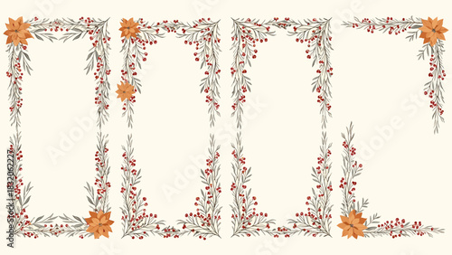 Collection of four vintage botanical frames or borders decorated with red berry branches and orange poinsettia flower accents, perfect for holiday greeting cards or invitations, isolated on