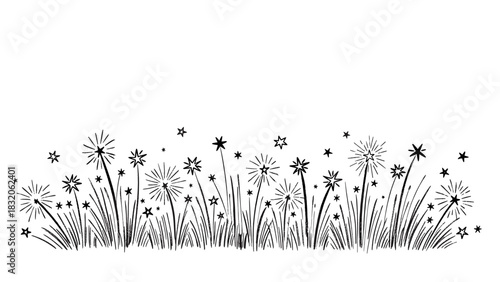 Hand drawn sketch of stylized fireworks exploding above grass line in black ink, isolated on