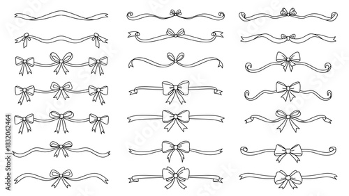 Collection of hand drawn vintage ribbon and bow divider ornaments for elegant page decoration isolated on