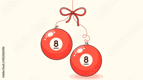 Two red billiard eight balls decorated as festive christmas ornaments hanging from a string with a bow against a light background for holiday fun
