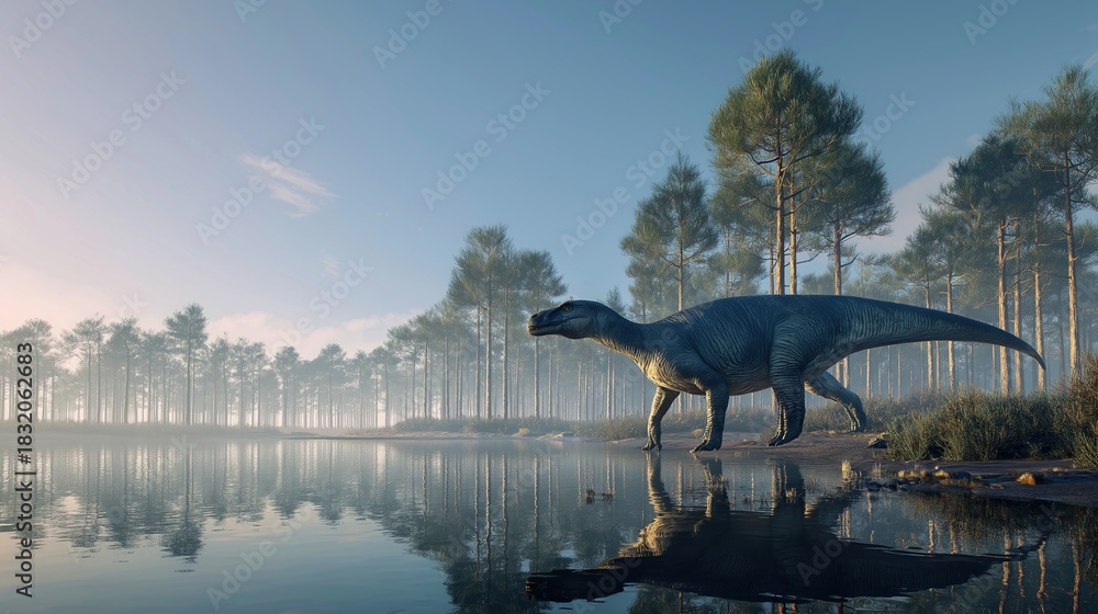 Naklejka premium Iguanodon at Lakeside Dawn in Pine Forest