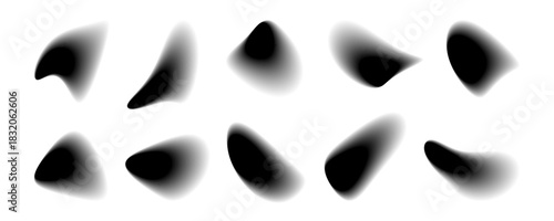 Ten abstract liquid forms appear against a white background. Each form exhibits a smooth, grayscale gradient, transitioning from dark centers to lighter edges, suggesting movement.