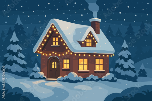 Festive snowy cottage vector: cozy winter retreat with holiday lights in serene snowfall scene