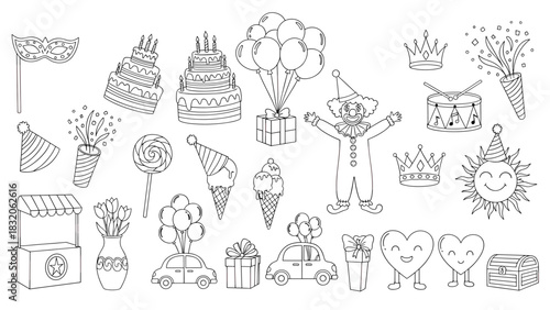 Collection of cute birthday and celebration icons, hand drawn outline style elements for party design, isolated on