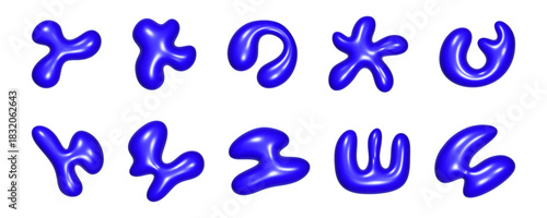 A collection of abstract 3D liquid shapes in vivid blue, showcasing a reflective texture. Each form varies in size and contour, highlighting creative fluidity and dynamic design exploration.