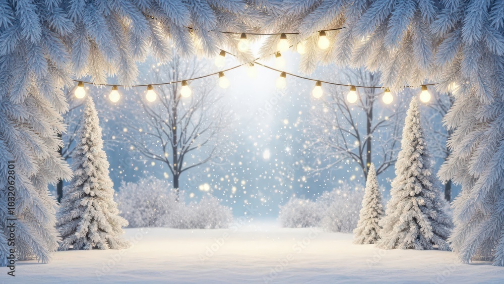 Fototapeta premium Magical winter wonderland scene with snow covered trees and glowing string lights in a forest