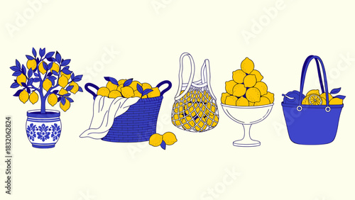 Stylized illustration of various arrangements of bright yellow lemons in blue and white containers, isolated on