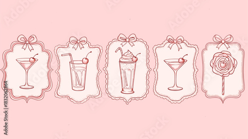 Collection of five delicate rose gold cocktail and dessert icons framed in ornate scalloped borders against a soft pink background for a sweet aesthetic