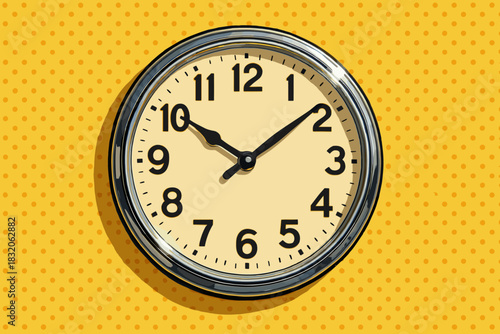 Retro style wall clock vector illustration featuring chrome design on polka dot background