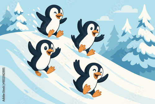 Playful penguins vector: cute winter holiday scene with penguins sliding and enjoying snow