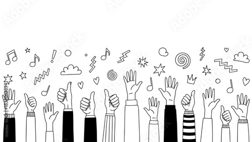 Black and white doodle illustration of many raised hands showing various gestures like thumbs up and i love you sign, isolated on