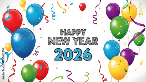 Cheerful Happy New Year 2026 celebration with vibrant balloons