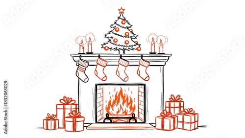 Hand drawn sketch of a cozy fireplace with burning fire, decorated christmas tree on mantelpiece, hanging stocking, and gift box pile, isolated on