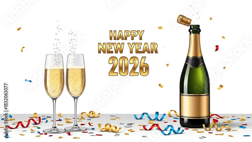 Festive 2026 Celebration: Champagne Flutes, Bottle, Confetti, and New Year Wishes