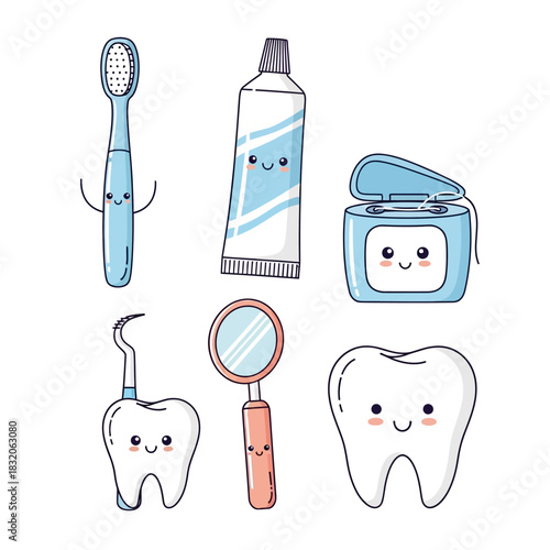 Whimsical dental care set featuring cartoon toothbrush toothpaste floss and happy tooth characters