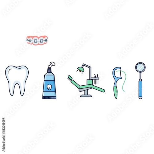 Dental Care Icons: Illustrated Elements Representing Oral Hygiene and Orthodontic Treatment