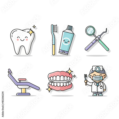 Delightful dental care: A vibrant cartoon illustration showcasing oral hygiene and health equipment