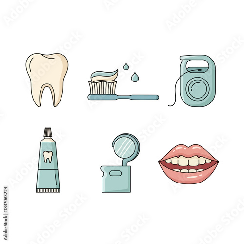 Dental care essentials set, illustration emphasizing hygiene and oral health products for daily
