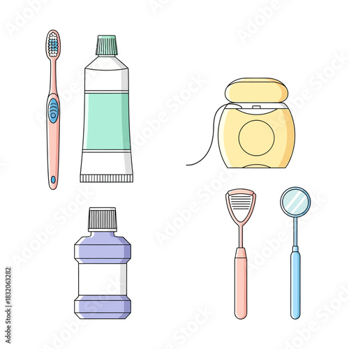 Essential oral hygiene tools illustration for a healthy and bright smile routine