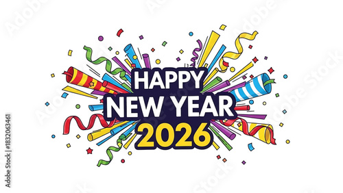 Cheerful Happy New Year 2026 celebration illustration on white background.