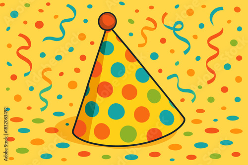 Colorful festive party hat vector with polka dots and streamers for celebrations