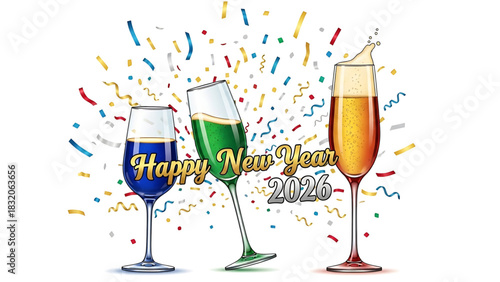 Cheerful Happy New Year 2026 illustration with champagne glasses and confetti