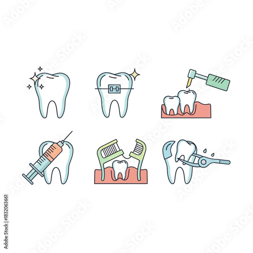 Dental hygiene and healthcare icons set, illustration representing oral well being practices and