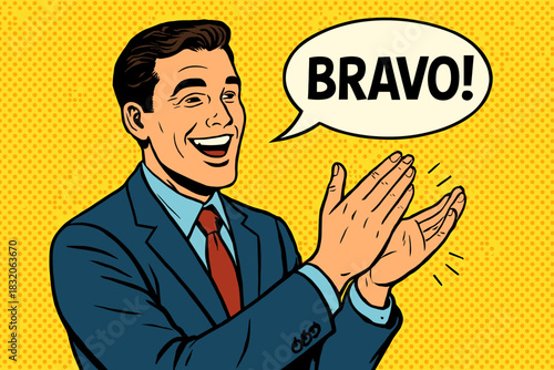 Applause celebration scene vector: cheerful bravo pop art expression for success and appreciation