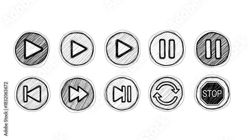 Set of ten hand drawn sketch media player control icons including play, pause, stop, fast forward, rewind, and repeat isolated on