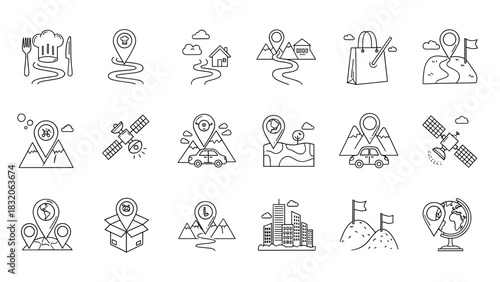 Set of 15 handdrawn black and white location and navigation icon symbols for map pin, travel, delivery, and satellite technology, isolated on