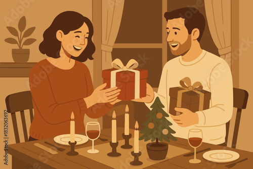 Holiday gift exchange vector for cozy christmas celebration or romantic winter evenings