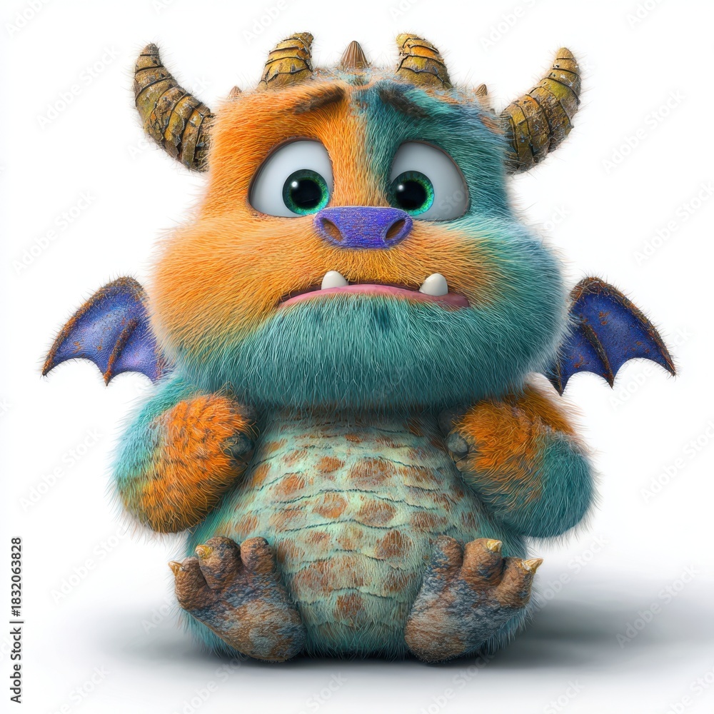 Fototapeta premium A whimsical dragon-like monster with stubby wings and a goofy expression, perfect for children's storytelling and playful themes.