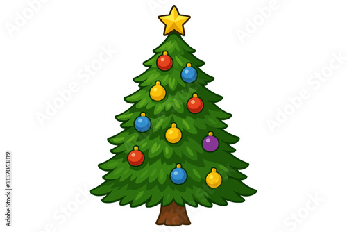 Christmas tree vector | vibrant holiday design with colorful baubles and star topper