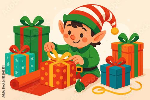 Jolly elf gift wrapping scene – christmas, holiday cheer, festive presents, cute character