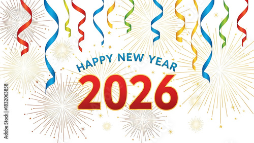 Happy New Year 2026 festive greeting with colorful ribbons and fireworks.