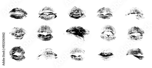 Detailed lipstick prints reveal various lip shapes and textures, enhanced by halftone and noise effects. The arrangement showcases the unique characteristics of each print with artistic flair.