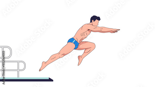 Male athlete diving into pool from platform in blue swim trunks  