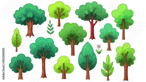 Collection of various stylized green deciduous tree illustrations with brown trunk isolated on for nature design